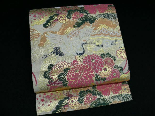 Antique & Unused! Cream & Gold Silk Japanese Maru Obi W/kiku, Cranes H502