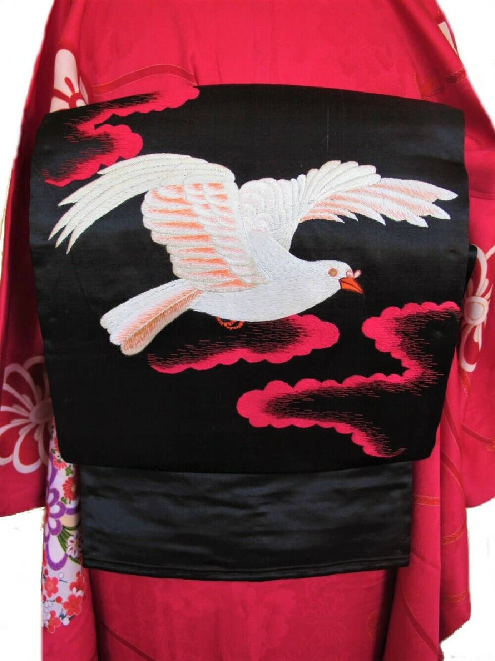 Nagoya Obi Sash Belt For Kimono White Pigeon Design Black G3854