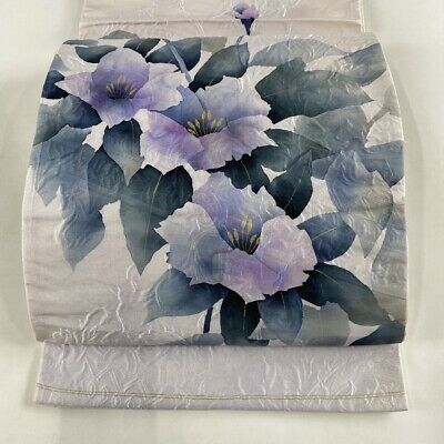 Fukuro Obi Good Quality Puffy Weave Flower Gilded Light Purple Patterns On D...